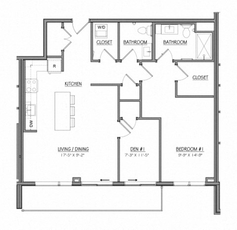 Floor plan for 1 bed, 1 bath, 1004 sqft